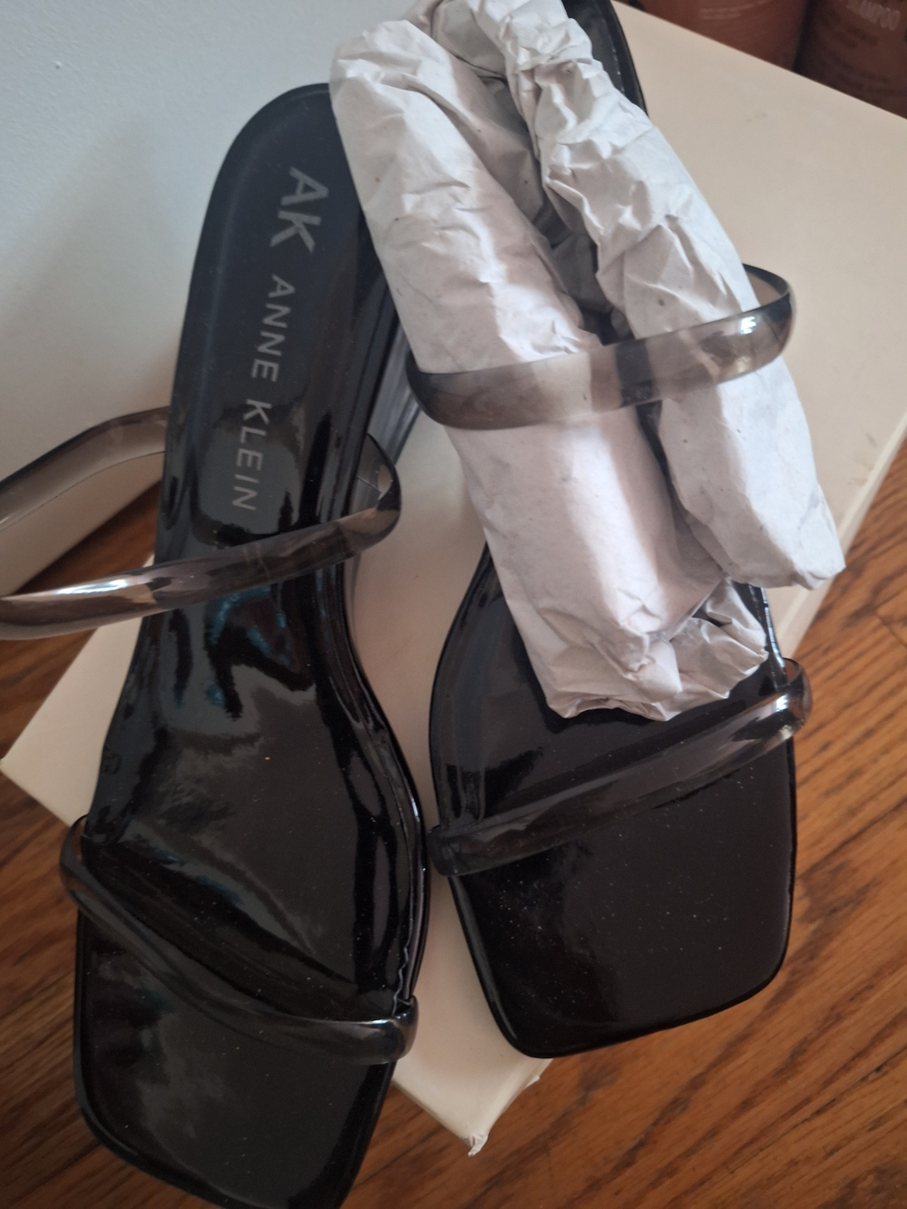Anne Klein Black Patent Slide Sandals with Clear Straps